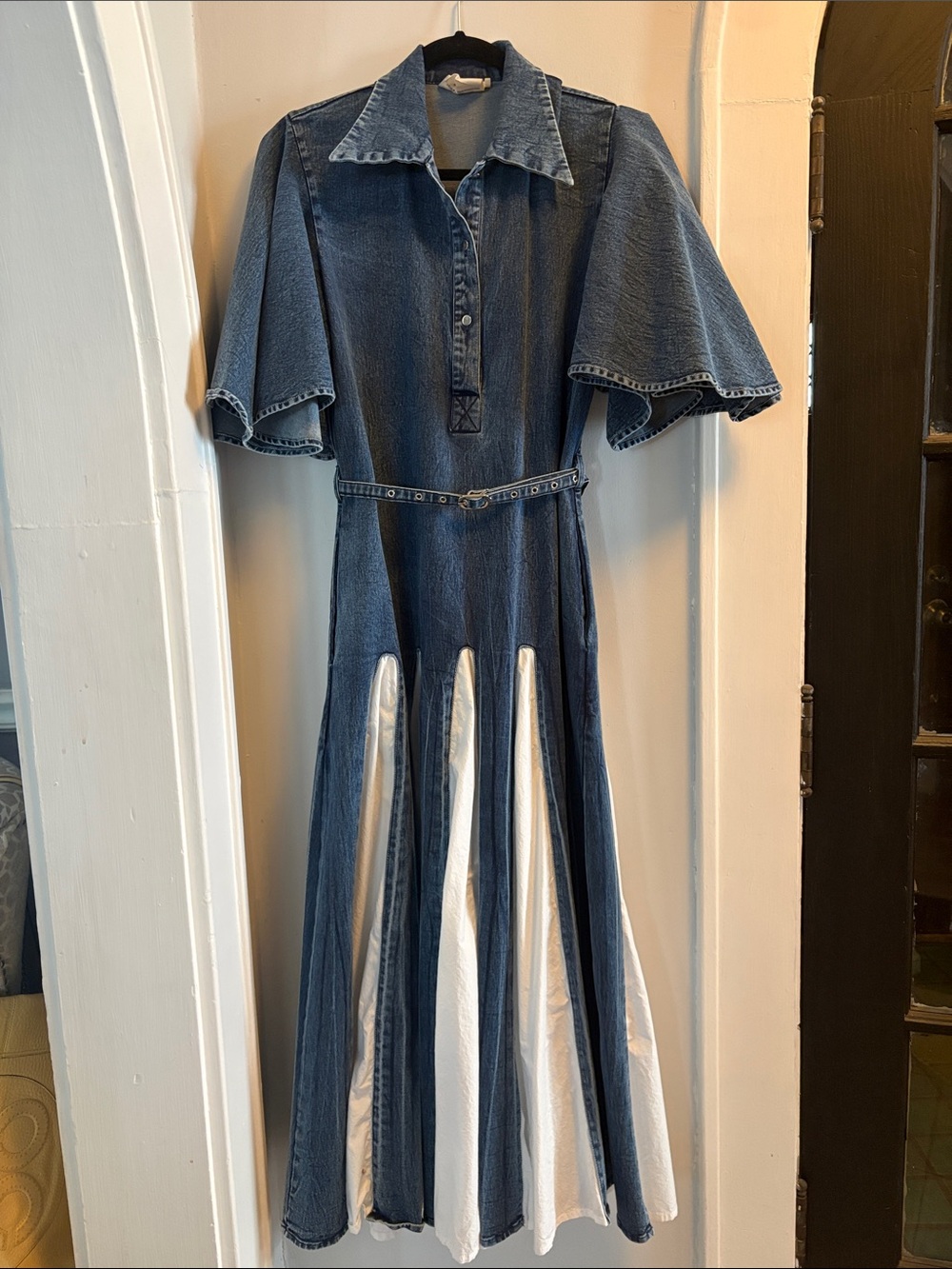 Denim Maxi Dress with White Inset Panels